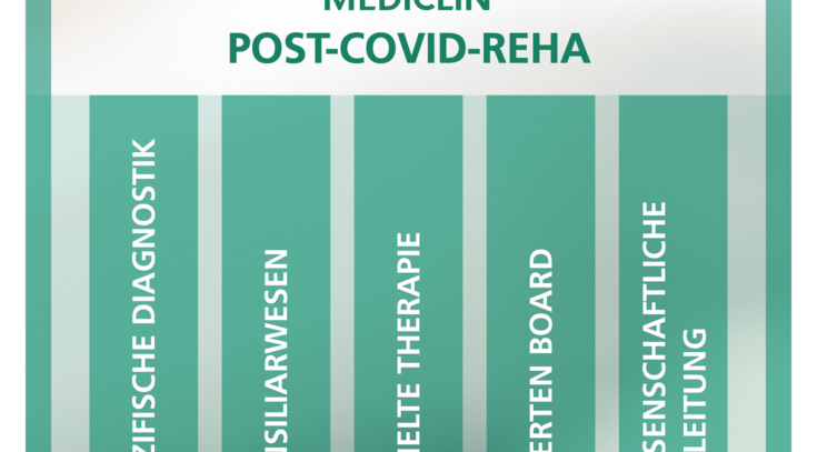 Eine grüne Grafik erläutert die fachübergreifende Behandlung von Long-Covid bei MEDICLIN